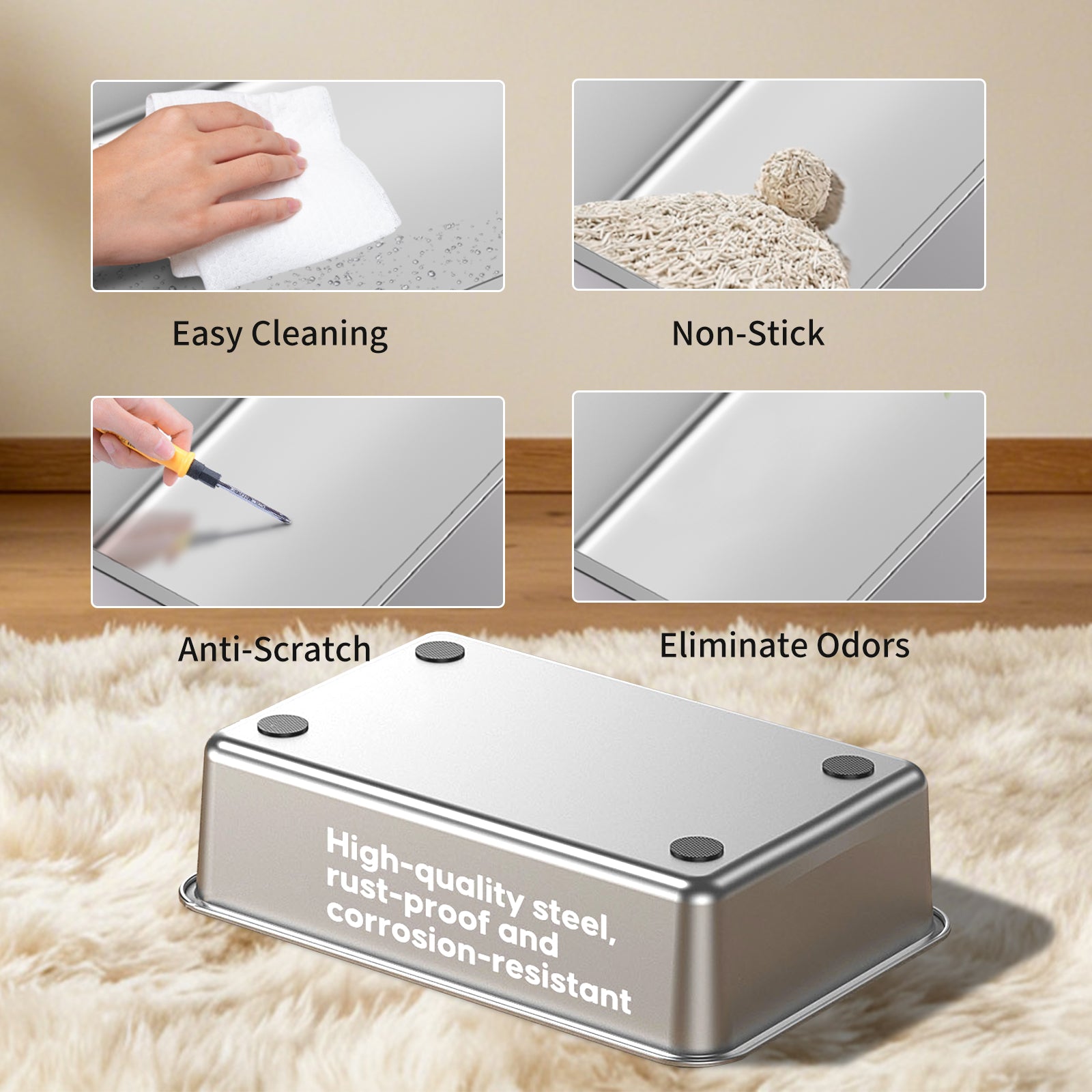 MSP001 Stainless Steel Cat Litter Box — Pink | Odor-Proof Litter Pan – gallery 7