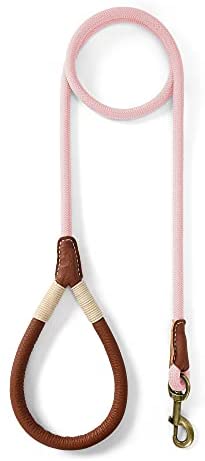 Mile High Life | Premium Leather Dog Leash | Strong Rope Dog Leash | Leather Handle | Heavy Duty Clasp | Small Medium Large Dogs | Diameter 1/2" x 4/5/6 Feet Length | Blue/Green/Gray/Pink/Yellow