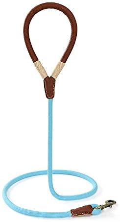 Mile High Life | Premium Leather Dog Leash | Strong Rope Dog Leash | Leather Handle | Heavy Duty Clasp | Small Medium Large Dogs | Diameter 1/2" x 4/5/6 Feet Length | Blue/Green/Gray/Pink/Yellow