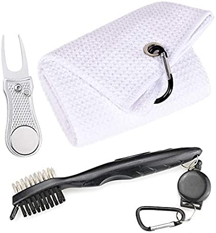 Mile High Life Microfiber Waffle Pattern Golf Towel | Club Groove Cleaner Brush | Foldable Divot Tool with Magnetic Ball Marker