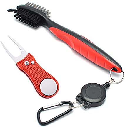 Mile High Life All Metal Foldable Golf Divot Tool with Magnetic Ball Marker & Club Groove Cleaner with Brush and Retractable Extension Cord Combo Set (2 Pack Multi-Colors)