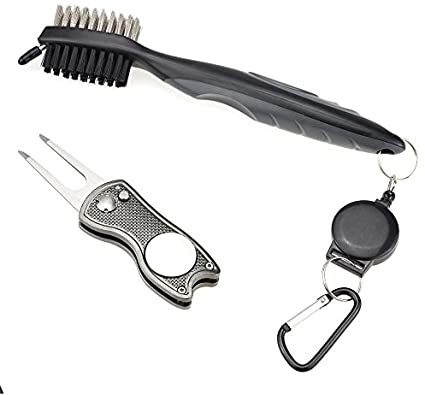 Mile High Life All Metal Foldable Golf Divot Tool with Magnetic Ball Marker & Club Groove Cleaner with Brush and Retractable Extension Cord Combo Set (2 Pack Multi-Colors)