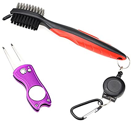 Mile High Life All Metal Foldable Golf Divot Tool with Magnetic Ball Marker & Club Groove Cleaner with Brush and Retractable Extension Cord Combo Set (2 Pack Multi-Colors)