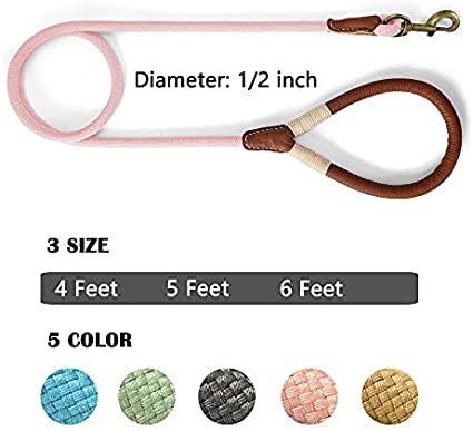 Mile High Life | Premium Leather Dog Leash | Strong Rope Dog Leash | Leather Handle | Heavy Duty Clasp | Small Medium Large Dogs | Diameter 1/2" x 4/5/6 Feet Length | Blue/Green/Gray/Pink/Yellow