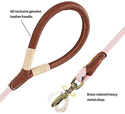 Mile High Life | Premium Leather Dog Leash | Strong Rope Dog Leash | Leather Handle | Heavy Duty Clasp | Small Medium Large Dogs | Diameter 1/2" x 4/5/6 Feet Length | Blue/Green/Gray/Pink/Yellow