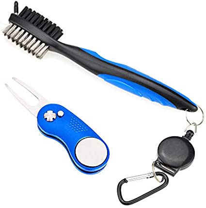 Mile High Life All Metal Foldable Golf Divot Tool with Magnetic Ball Marker & Club Groove Cleaner with Brush and Retractable Extension Cord Combo Set (2 Pack Multi-Colors)