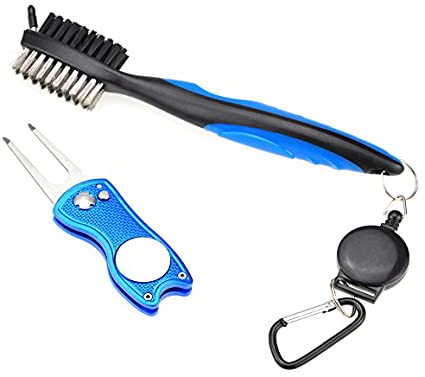 Mile High Life All Metal Foldable Golf Divot Tool with Magnetic Ball Marker & Club Groove Cleaner with Brush and Retractable Extension Cord Combo Set (2 Pack Multi-Colors)