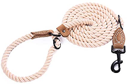 Mile High Life | Dog Rope Leash with Genuine Leather Tailored Connection | Dog Slip Lead | Dual Configuration | with Heavy Duty Metal Sturdy Clasp (Multi- Colors, Diameter 1/2", 7FT/8FT Options)