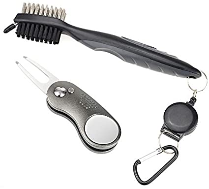 Mile High Life All Metal Foldable Golf Divot Tool with Magnetic Ball Marker & Club Groove Cleaner with Brush and Retractable Extension Cord Combo Set (2 Pack Multi-Colors)