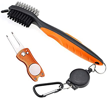 Mile High Life All Metal Foldable Golf Divot Tool with Magnetic Ball Marker & Club Groove Cleaner with Brush and Retractable Extension Cord Combo Set (2 Pack Multi-Colors)