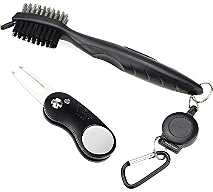 Mile High Life All Metal Foldable Golf Divot Tool with Magnetic Ball Marker & Club Groove Cleaner with Brush and Retractable Extension Cord Combo Set (2 Pack Multi-Colors)