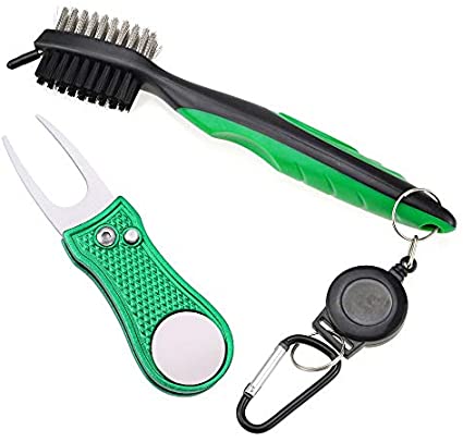 Mile High Life All Metal Foldable Golf Divot Tool with Magnetic Ball Marker & Club Groove Cleaner with Brush and Retractable Extension Cord Combo Set (2 Pack Multi-Colors)