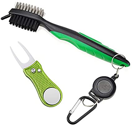 Mile High Life All Metal Foldable Golf Divot Tool with Magnetic Ball Marker & Club Groove Cleaner with Brush and Retractable Extension Cord Combo Set (2 Pack Multi-Colors)