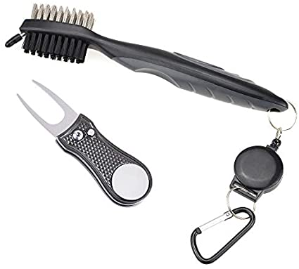 Mile High Life All Metal Foldable Golf Divot Tool with Magnetic Ball Marker & Club Groove Cleaner with Brush and Retractable Extension Cord Combo Set (2 Pack Multi-Colors)
