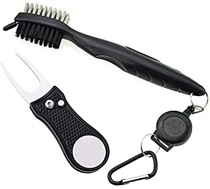 Mile High Life All Metal Foldable Golf Divot Tool with Magnetic Ball Marker & Club Groove Cleaner with Brush and Retractable Extension Cord Combo Set (2 Pack Multi-Colors)