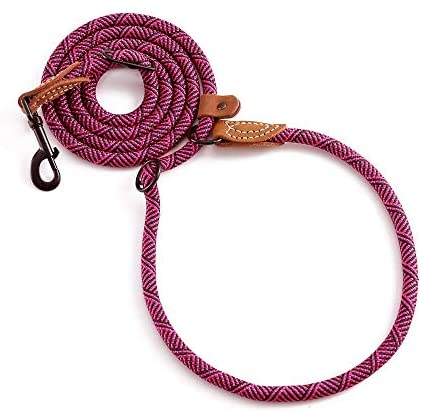 Mile High Life | Dog Rope Leash with Genuine Leather Tailored Connection | Dog Slip Lead | Dual Configuration | with Heavy Duty Metal Sturdy Clasp (Multi- Colors, Diameter 1/2", 7FT/8FT Options)