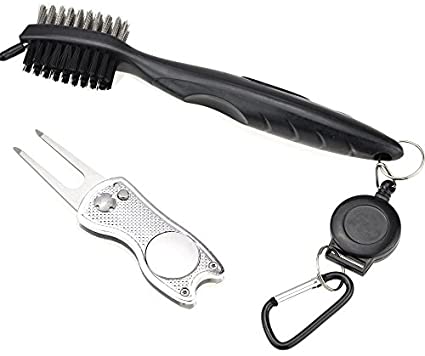 Mile High Life All Metal Foldable Golf Divot Tool with Magnetic Ball Marker & Club Groove Cleaner with Brush and Retractable Extension Cord Combo Set (2 Pack Multi-Colors)