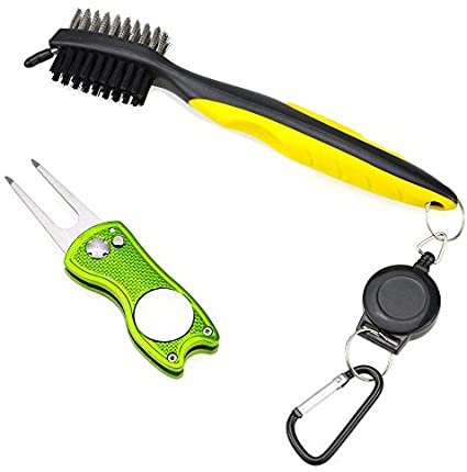 Mile High Life All Metal Foldable Golf Divot Tool with Magnetic Ball Marker & Club Groove Cleaner with Brush and Retractable Extension Cord Combo Set (2 Pack Multi-Colors)