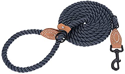 Mile High Life | Dog Rope Leash with Genuine Leather Tailored Connection | Dog Slip Lead | Dual Configuration | with Heavy Duty Metal Sturdy Clasp (Multi- Colors, Diameter 1/2", 7FT/8FT Options)