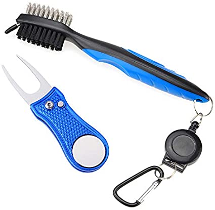 Mile High Life All Metal Foldable Golf Divot Tool with Magnetic Ball Marker & Club Groove Cleaner with Brush and Retractable Extension Cord Combo Set (2 Pack Multi-Colors)