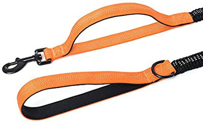 Mile High Life | 4Feet- 7Feet Dog Bungee Walking Leash w Control Handle | Reflective Gentle Pull Training Lead | Soft Padding w Dog Poop Bag Holder Ring (Orange)