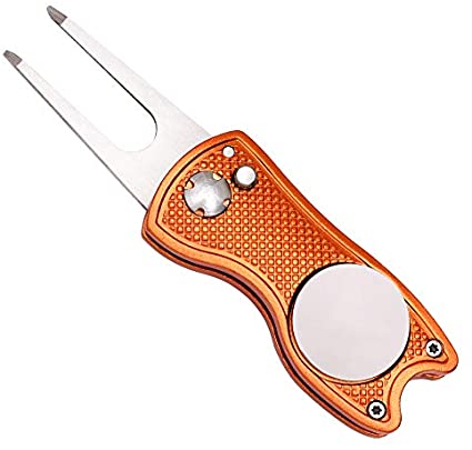 Mile High Life All Metal Foldable Golf Divot Tool with Pop-up Button & Magnetic Ball Marker (Multi-Colors/Shape)