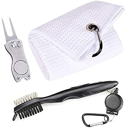 Mile High Life Microfiber Waffle Pattern Golf Towel | Club Groove Cleaner Brush | Foldable Divot Tool with Magnetic Ball Marker