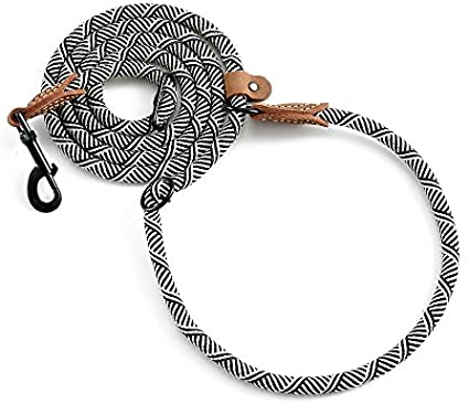 Mile High Life | Dog Rope Leash with Genuine Leather Tailored Connection | Dog Slip Lead | Dual Configuration | with Heavy Duty Metal Sturdy Clasp (Multi- Colors, Diameter 1/2", 7FT/8FT Options)