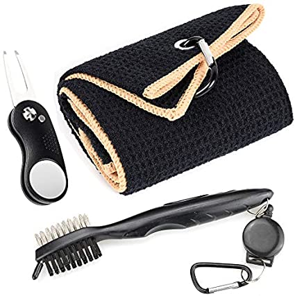 Mile High Life Microfiber Waffle Pattern Golf Towel | Club Groove Cleaner Brush | Foldable Divot Tool with Magnetic Ball Marker