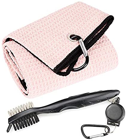 Mile High Life Microfiber Waffle Pattern Tri-fold Golf Towel | Brush Tool Kit with Club Groove Cleaner, Retractable Extension Cord and Clip