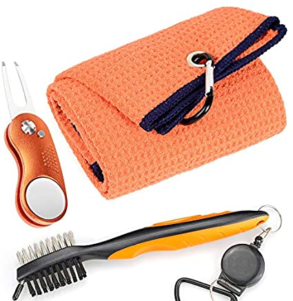 Mile High Life Microfiber Waffle Pattern Golf Towel | Club Groove Cleaner Brush | Foldable Divot Tool with Magnetic Ball Marker