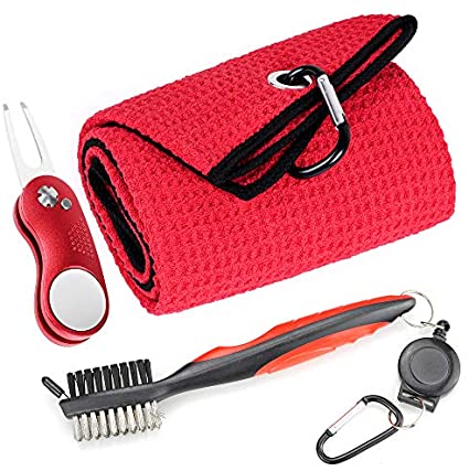 Mile High Life Microfiber Waffle Pattern Golf Towel | Club Groove Cleaner Brush | Foldable Divot Tool with Magnetic Ball Marker