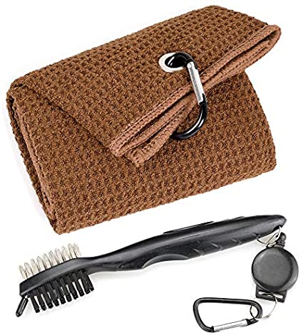 Mile High Life Microfiber Waffle Pattern Tri-fold Golf Towel | Brush Tool Kit with Club Groove Cleaner, Retractable Extension Cord and Clip