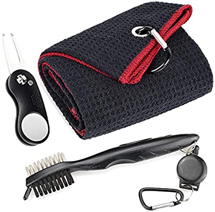 Mile High Life Microfiber Waffle Pattern Golf Towel | Club Groove Cleaner Brush | Foldable Divot Tool with Magnetic Ball Marker