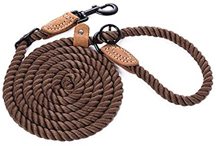 Mile High Life | Dog Rope Leash with Genuine Leather Tailored Connection | Dog Slip Lead | Dual Configuration | with Heavy Duty Metal Sturdy Clasp (Multi- Colors, Diameter 1/2", 7FT/8FT Options)