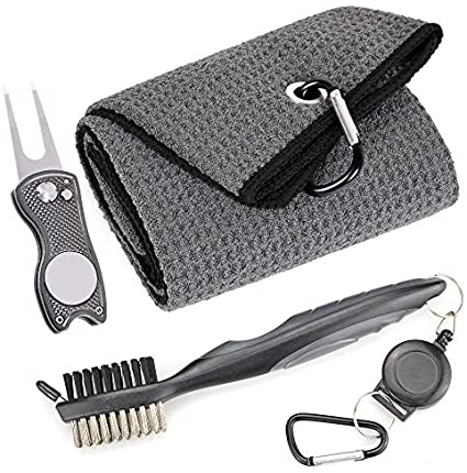 Mile High Life Microfiber Waffle Pattern Golf Towel | Club Groove Cleaner Brush | Foldable Divot Tool with Magnetic Ball Marker