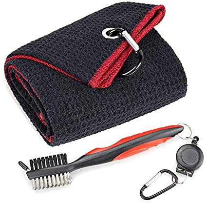 Whole Sale (75 pc) Mile High Life Microfiber Waffle Pattern Tri-fold Golf Towel | Brush Tool Kit with Club Groove Cleaner, Retractable Extension Cord and Clip