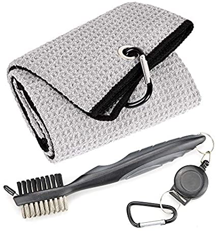 Whole Sale (75 pc) Mile High Life Microfiber Waffle Pattern Tri-fold Golf Towel | Brush Tool Kit with Club Groove Cleaner, Retractable Extension Cord and Clip