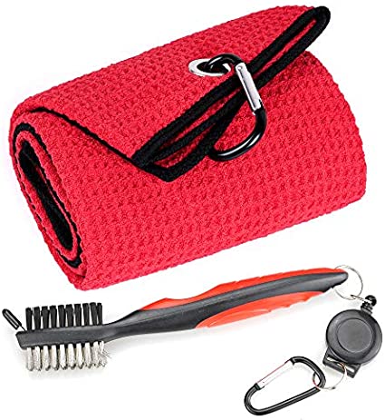 Mile High Life Microfiber Waffle Pattern Tri-fold Golf Towel | Brush Tool Kit with Club Groove Cleaner, Retractable Extension Cord and Clip