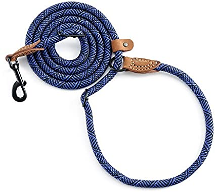 Mile High Life | Dog Rope Leash with Genuine Leather Tailored Connection | Dog Slip Lead | Dual Configuration | with Heavy Duty Metal Sturdy Clasp (Multi- Colors, Diameter 1/2", 7FT/8FT Options)