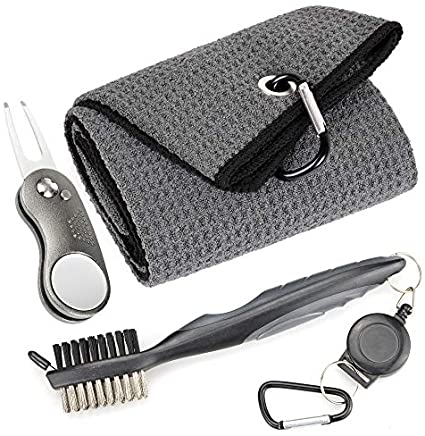 Mile High Life Microfiber Waffle Pattern Golf Towel | Club Groove Cleaner Brush | Foldable Divot Tool with Magnetic Ball Marker