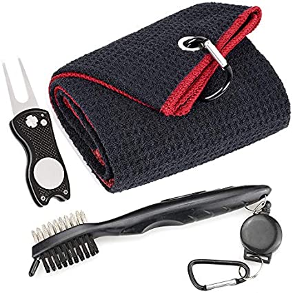 Mile High Life Microfiber Waffle Pattern Golf Towel | Club Groove Cleaner Brush | Foldable Divot Tool with Magnetic Ball Marker