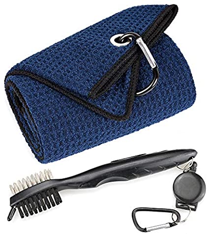 Mile High Life Microfiber Waffle Pattern Tri-fold Golf Towel | Brush Tool Kit with Club Groove Cleaner, Retractable Extension Cord and Clip