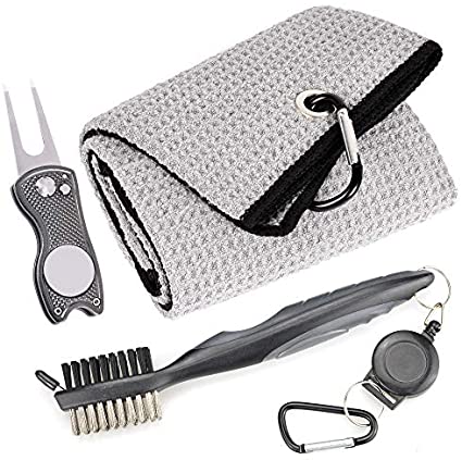 Mile High Life Microfiber Waffle Pattern Golf Towel | Club Groove Cleaner Brush | Foldable Divot Tool with Magnetic Ball Marker