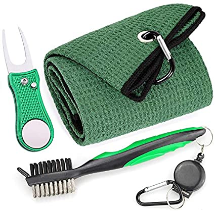 Mile High Life Microfiber Waffle Pattern Golf Towel | Club Groove Cleaner Brush | Foldable Divot Tool with Magnetic Ball Marker