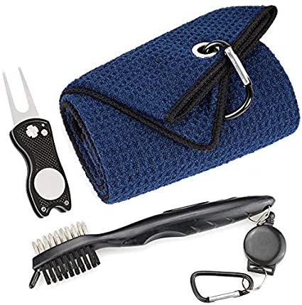 Mile High Life Microfiber Waffle Pattern Golf Towel | Club Groove Cleaner Brush | Foldable Divot Tool with Magnetic Ball Marker