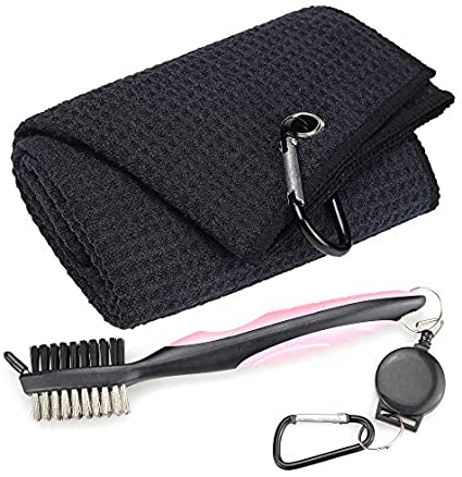 Mile High Life Microfiber Waffle Pattern Tri-fold Golf Towel | Brush Tool Kit with Club Groove Cleaner, Retractable Extension Cord and Clip