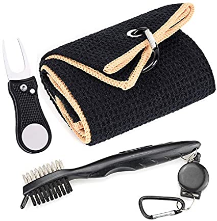 Mile High Life Microfiber Waffle Pattern Golf Towel | Club Groove Cleaner Brush | Foldable Divot Tool with Magnetic Ball Marker