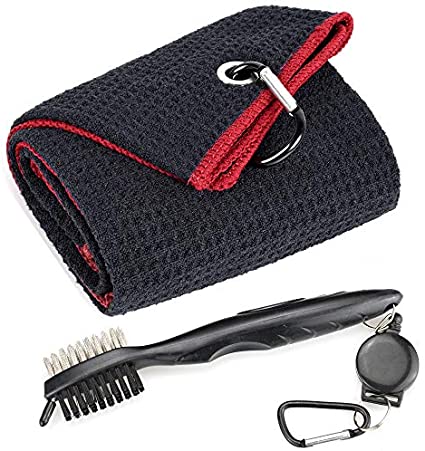Whole Sale (75 pc) Mile High Life Microfiber Waffle Pattern Tri-fold Golf Towel | Brush Tool Kit with Club Groove Cleaner, Retractable Extension Cord and Clip