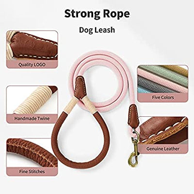 Mile High Life | Premium Leather Dog Leash | Strong Rope Dog Leash | Leather Handle | Heavy Duty Clasp | Small Medium Large Dogs | Diameter 1/2" x 4/5/6 Feet Length | Blue/Green/Gray/Pink/Yellow